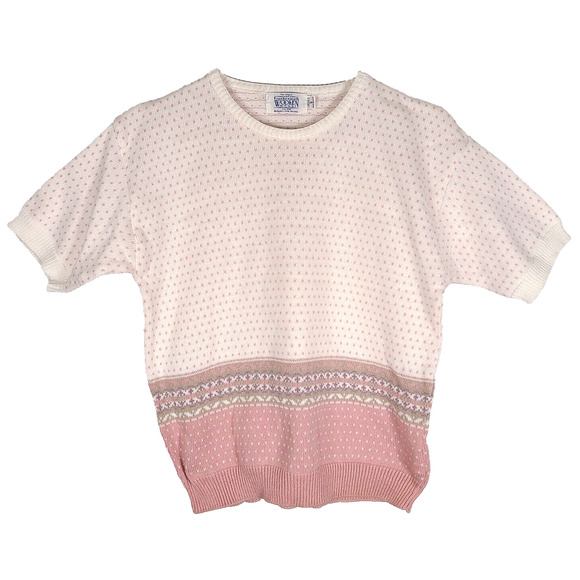 Vintage Frankenmuth Woolen Mill Sweater Small Pink Heart Fair Isle Cottagecore - Picture 1 of 12